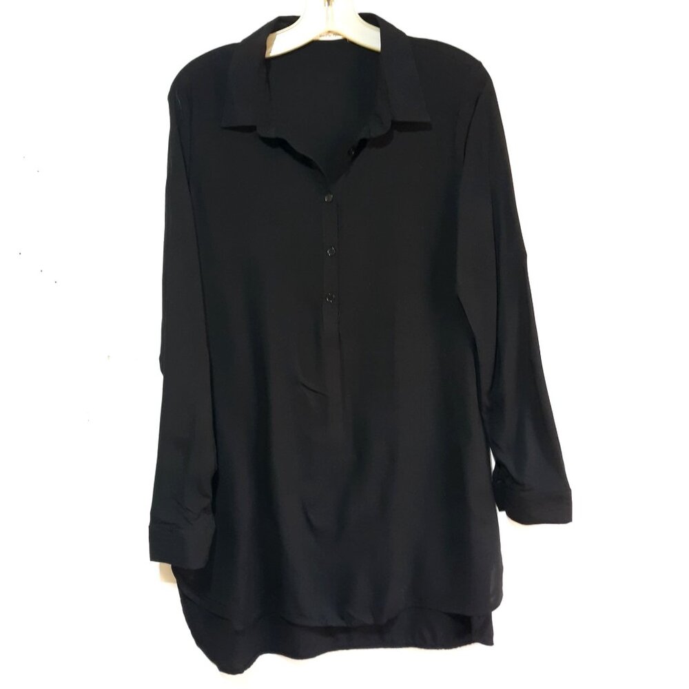 Heart & Hips Womens Black Long-Sleeve Button-Up Tunic Shirt W/ Roll-Tab Sleeves